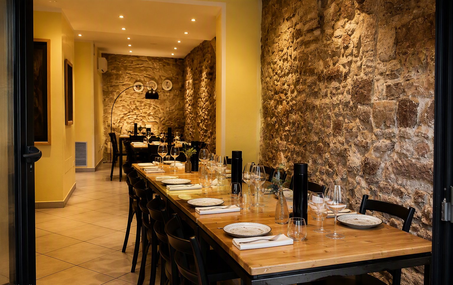 La sala interna con muri in pietra