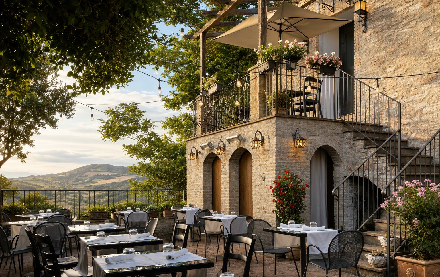 La terrazza all'aperto con vista sulle colline